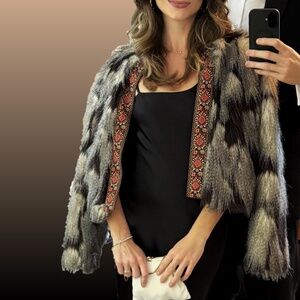 Faux Fur Jacket with Embroidered Jaquard Trim - S